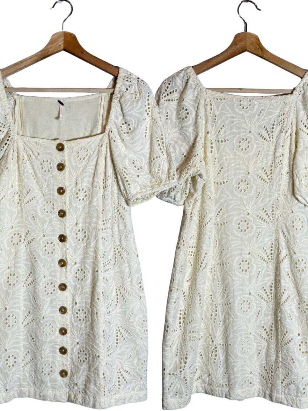 Free People Daniella Eyelet Mini Dress Women's 2 Ivory Puff Sleeve Boho Cotton - Picture 3 of 15